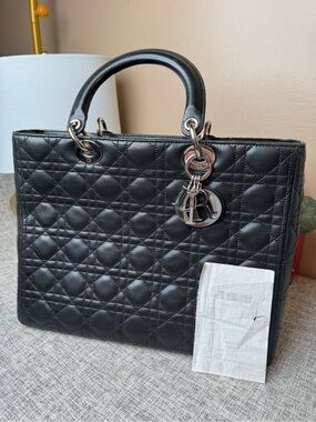 Black Quilted Leather Tote Bag with Silver Hardware